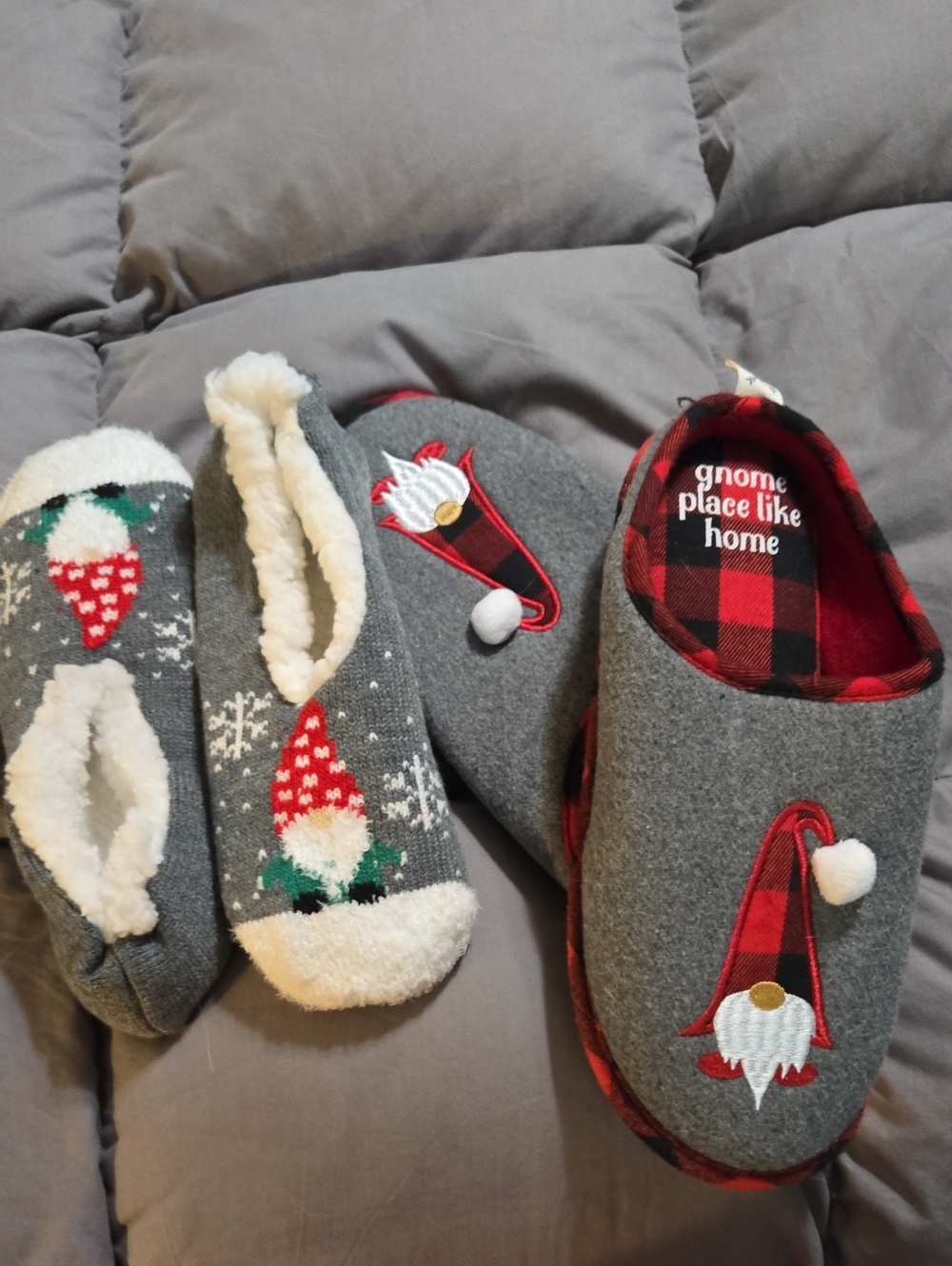 Gray & Red Gnome Holiday Slippers - Cozy Home Slip-Ons